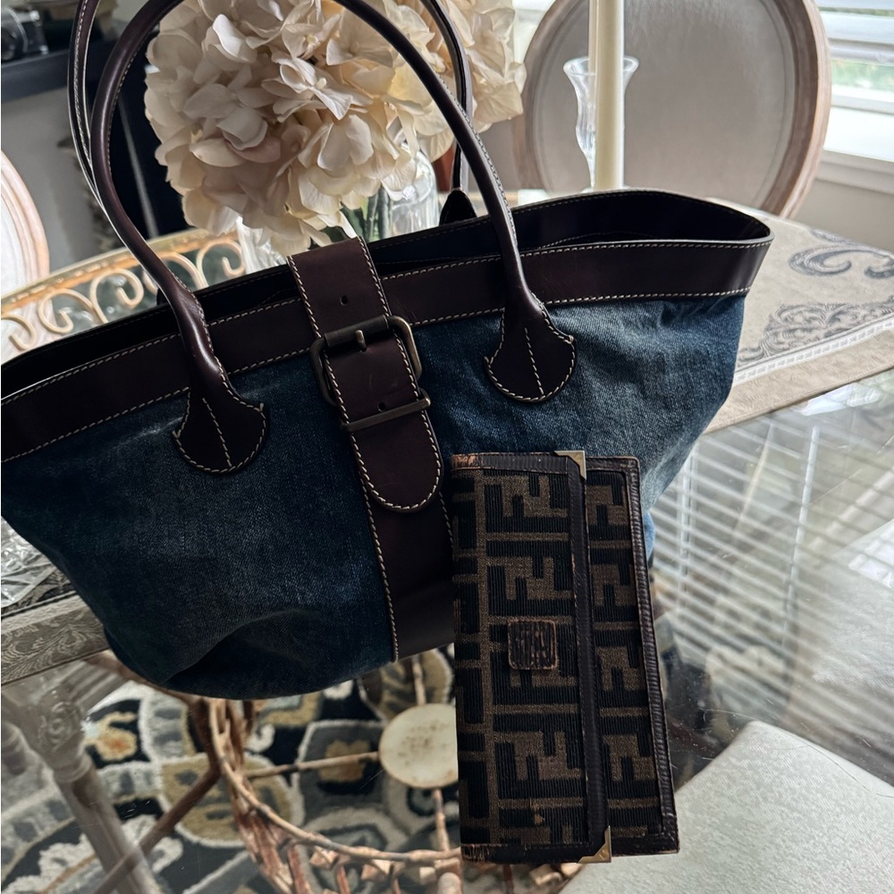 Fendi Denim and Brown Leather Tote with Fendi Wallet